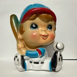 Vintage Hard Plastic Novelty Coin Bank of Baseball Boy Mid Century Modern